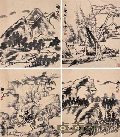 来楚生 庚戌（1970年）作 山水图（八件） 片 27.8×23cm×8